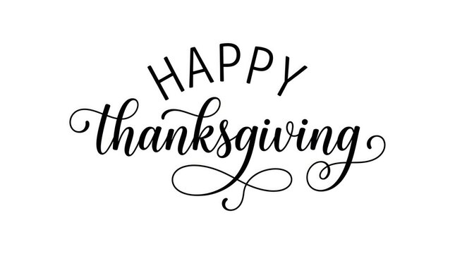 Elegant hand lettered happy thanksgiving greeting card design with decorative calligraphy and swirls on white background