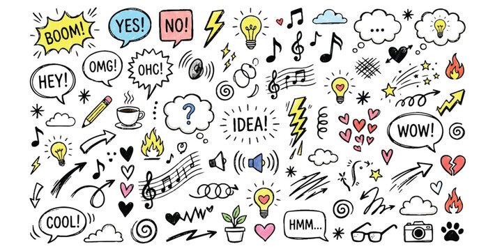 Set of hand drawn doodle icons with speech bubbles and arrows for creative design projects