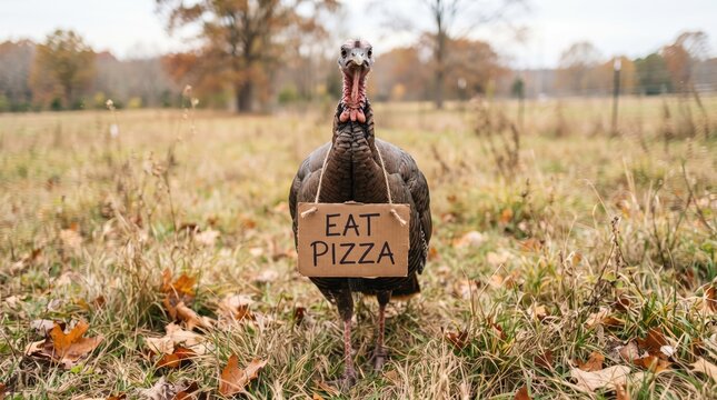 A funny live turkey standing in a field wearing a sign that says eat pizza instead of turkey