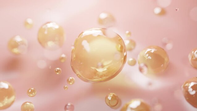 3D animation of golden serum droplets flowing across a soft skin surface, representing skincare, hydration, beauty, cosmetic ingredients, nourishment, and premium beauty care.