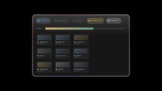 Dynamic glass user interface showcasing filter chips with an elegant blend of azure and rose accents against a sleek black background, featuring shimmering tiles and soft glowing elements for a