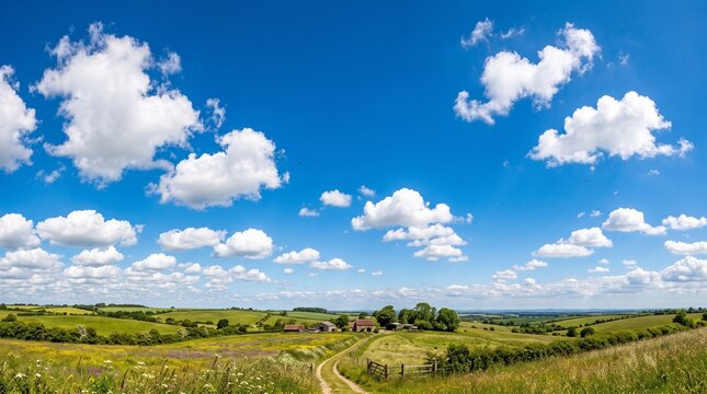 Panoramic view of a vibrant countryside landscape with a winding dirt path, wildflowers, rolling green hills, and a dramatic blue sky filled with white cumulus clouds