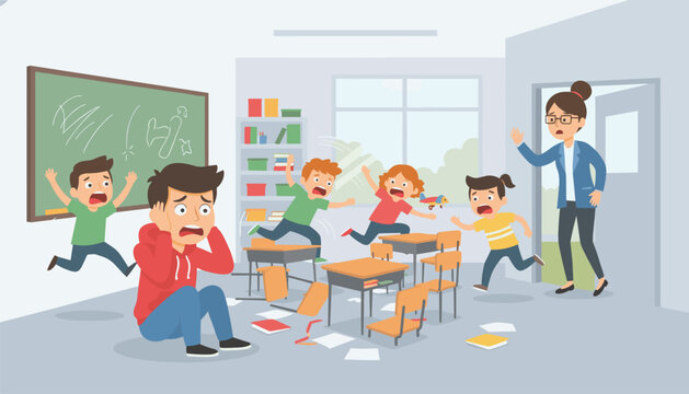 Rowdy students disrupting a lesson in a classroom while a surprised teacher observes the messy room from the doorway entrance.