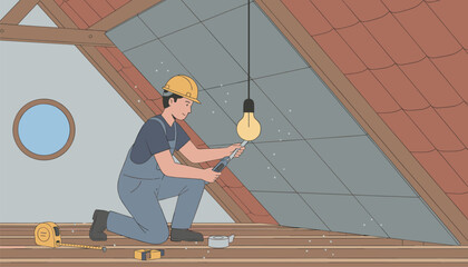 Construction worker in safety gear installs insulation in a dark attic space using a lightbulb and measuring tape to complete his renovation work efficiently. © Nure
