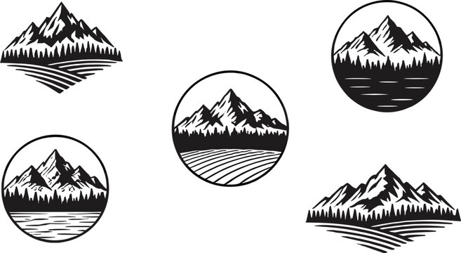 Set of five circular and triangular mountain landscape emblems featuring pine forests, snowy peaks, and flowing water reflections