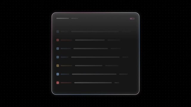 Elegant glass UI log stream interface featuring a sleek black background with translucent white panel and vibrant rim accents in azure and rose, showcasing dynamic scrolling rows and colored warning