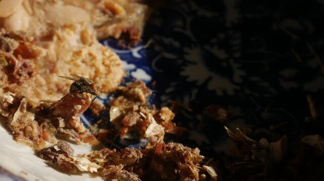 Macro close-up of housefly and small insects on leftover food scraps inside blue decorative ceramic bowl in dramatic sunlight conceptual hygiene pest