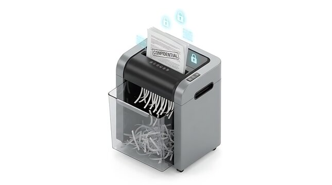 Office paper shredder with document and shredded waste.