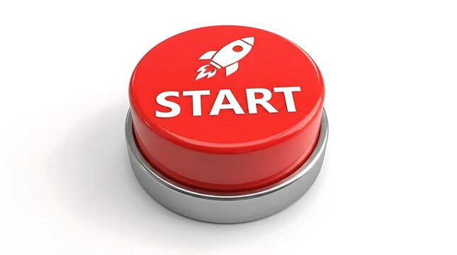 Red start button with rocket icon on white.