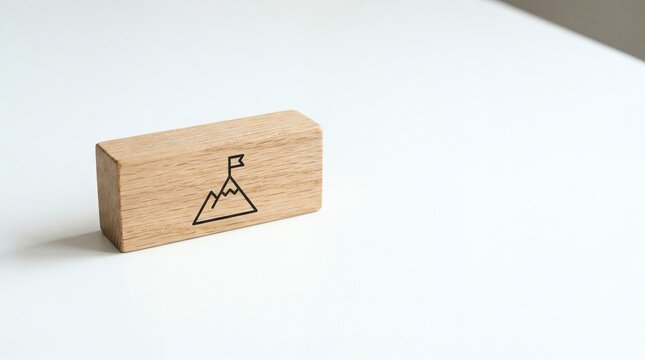 Wooden block with mountain and flag icon, symbolizing success and achievement
