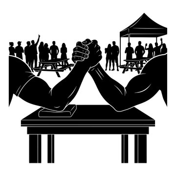 Arm wrestling competition silhouette in summer outdoor festival scene.