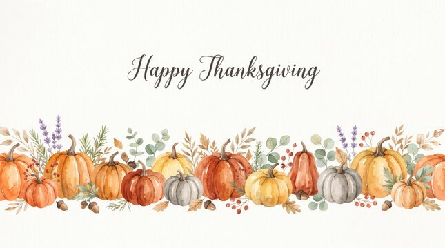 Watercolor happy thanksgiving greeting card design with a border of colorful pumpkins and autumn foliage on white