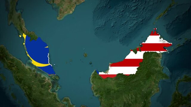 Malaysia Map With Flag Colors Overlay Animation, Malaysia Location Map, Southeast Asia Country Map