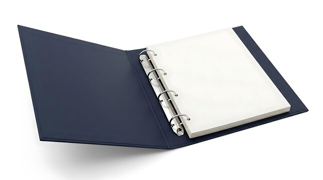Open blue ring binder with blank paper pages.