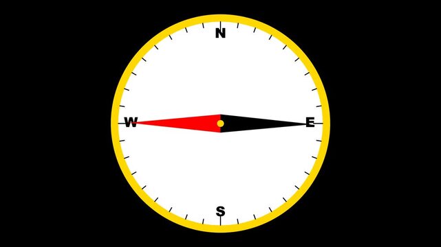 Compass needle spinning in circle. Navigation tool rotating for direction finding.