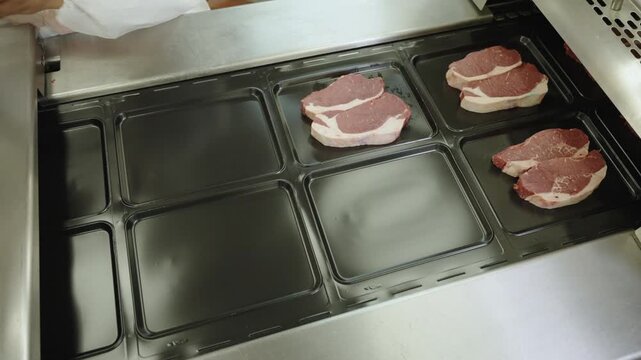 Gloved hands arrange raw beef steaks into black plastic trays on an automated packing line in a modern meat facility.