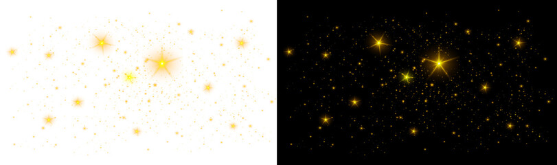 Golden sparkling starburst effects collection with magic dust particles on black white backgrounds with particles arranged displays golden illustration © D Studio