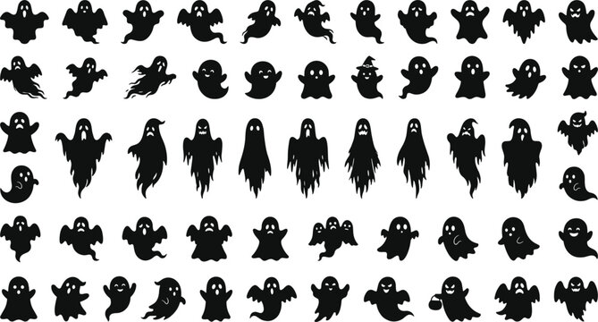 Halloween ghost silhouette vector collection featuring spooky spirits, flying phantoms, creepy apparitions, scary expressions, and playful supernatural character poses