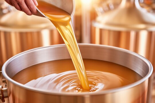 Golden wort flowing from mash tun valve into metal vessel