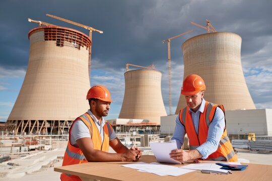 Engineers reviewing blueprints at power station construction site with cooling towers