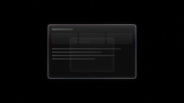 Sleek glass user interface modal featuring a translucent panel with azure and rose rim accents, displaying content in light gray against a black background, perfect for modern applications.