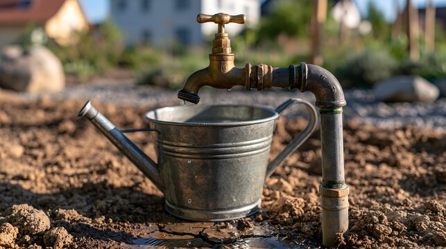 Leere Giesskanne unter geschlossenem Wasserhahn als Symbol f&uuml;r Wassermangel