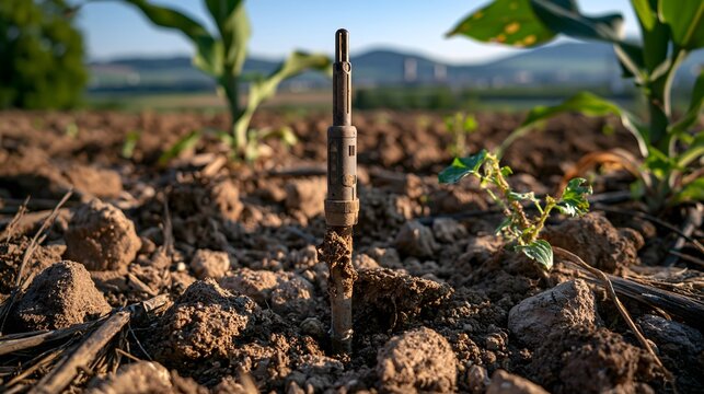 Bodenfeuchtigkeitssensor in trockenem Gem&uuml;sefeld zur intelligenten Bew&auml;sserung