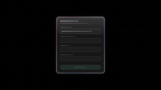 Stylish glass user interface with a sleek form validation design featuring a dark background, glowing rim accents in azure and rose, and a soft, translucent card effect for modern applications.