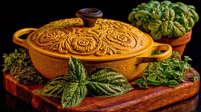 Embossed yellow pot with fresh herbs rests on a wooden board.