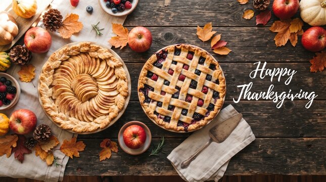 Two delicious homemade pies with autumn leaves and apples on a rustic dark wooden table for thanksgiving