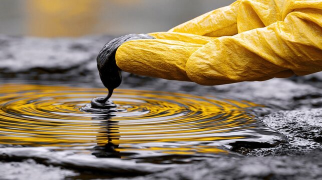Thick viscous liquid drips from a yellow gloved hand into dark water.