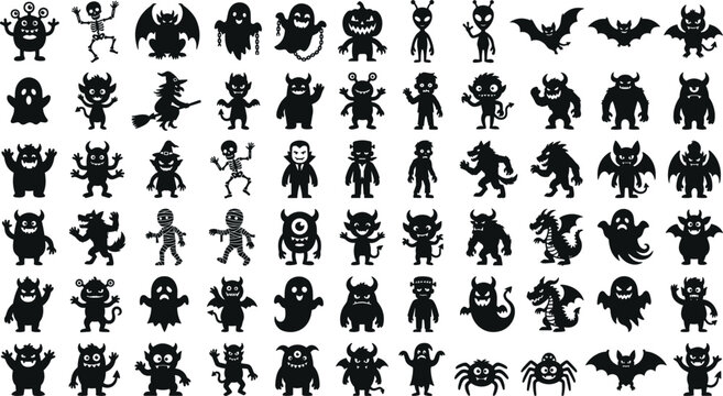 Halloween monster silhouette vector collection featuring ghosts, skeletons, devils, vampires, zombies, bats, spiders, witches, demons, and spooky creatures