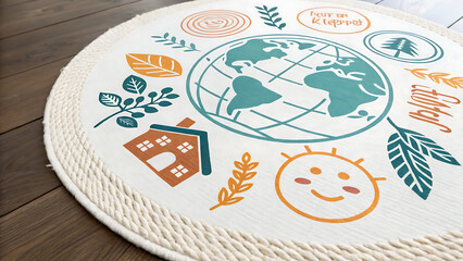 Fototapeta premium Eco friendly earth illustration on fabric. Sustainable living concept with nature icons.