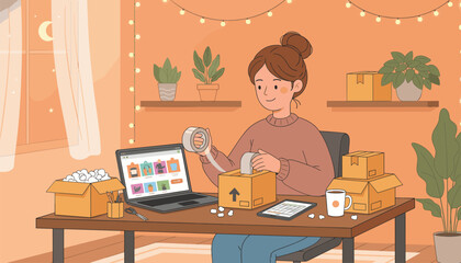 Fototapeta premium Small business owner works at a desk packing items into cardboard boxes for shipping orders while using a laptop in a cozy home office environment.