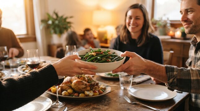 Happy friends and family sharing a delicious home cooked meal together at a festive dinner party