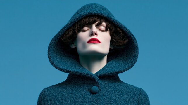 Woman wearing a hooded teal coat with red lipstick and eyes closed against a blue background.