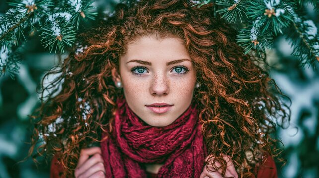Young woman with red curly hair and blue eyes gazes forward under pine branches in winter.