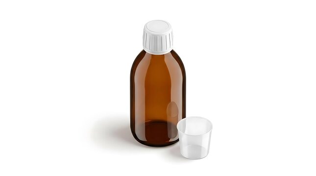 Amber glass medicine bottle and measuring cup.