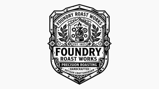 Foundry Roast Works vintage logo Industrial Foundry Heritage, this concept blends bold typography with forged geometric framing and engraved detailing.