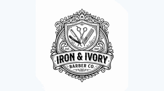 Iron & Ivory Barber Co vintage logo Gentlemen's Heritage Barbershop, premium vintage identity inspired by classic gentlemen's barber shops from the early 1900s.