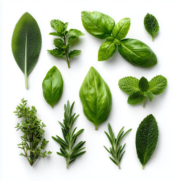 Fresh Basil Leaves and Herbs Assortment Top View
