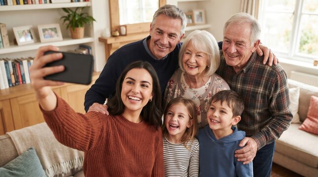 Happy multi generational family taking a selfie together while sitting on a couch at home
