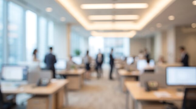 Blurred busy office interior with professional employees working at desks in modern corporate workspace background featuring glass windows and bright overhead lighting for business themes