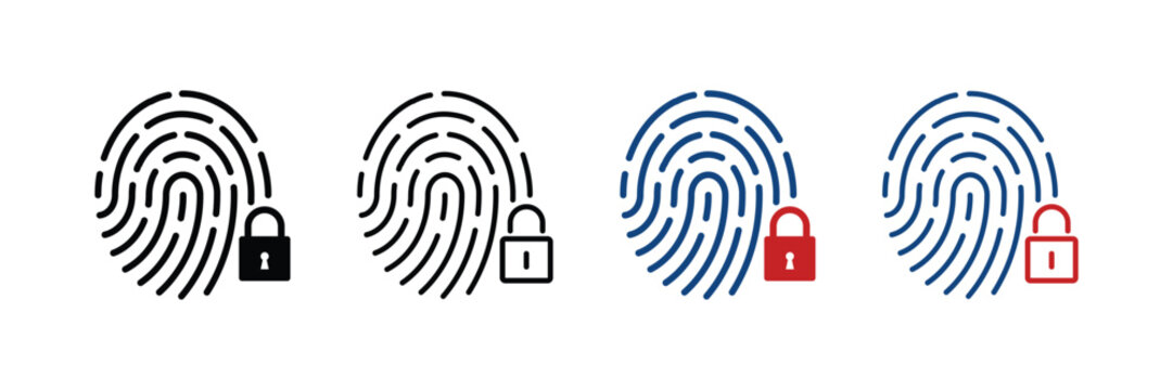 Touch ID Pictogram. Finger Print Scanner with Lock Symbol Collection. Fingerprint Identification Line and Silhouette Icon Set. Biometric Identity Sign. Isolated Vector Illustration