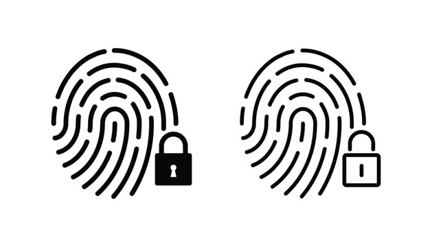 Fingerprint Identification Line and Silhouette Black Icon Set. Finger Print Scanner with Lock Symbol Collection. Biometric Identity Sign. Touch ID Pictogram. Isolated Vector Illustration