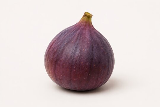 A single ripe fig with a purple skin and stem on a light background
