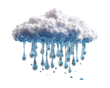 Rain Cloud Dripping: A stylized, fluffy white cloud with icicles melting into dripping water droplets, symbolizing rain or melting snow.
