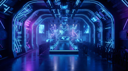 Obraz premium 3d render, blue neon abstract background, ultraviolet light, night club empty room interior, tunnel or corridor, glowing panels, fashion podium, performance stage decorations