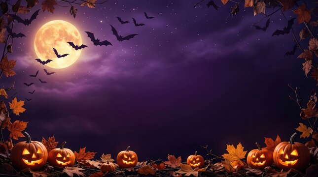 Spooky Halloween Background with Full Moon Bats and Glowing Jack O Lanterns