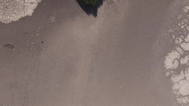 An aerial view shows a patch of green grass emerging from an expansive, severely cracked and parched surface.